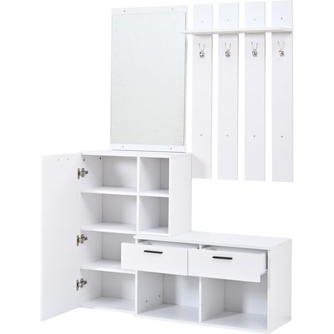 Porte-manteau avec miroir et rangement chaussures en MDF blanc 120x35x175,5 cm pour entrée (1/5)