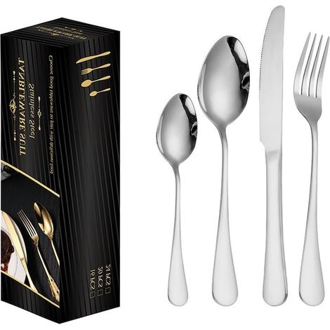 Ménagère 24 pièces, pour 6 personnes, en acier inoxydable, design moderne, argentée