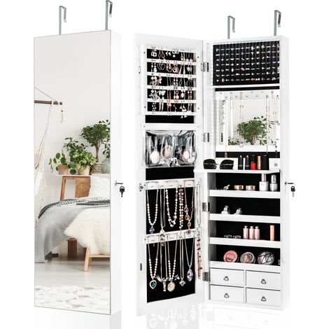 Armoire à Bijoux Murale/à Suspendre LED 4 Tiroirs 4 Etagères et 1 Abattant Intégré pour Bijoux et Cosmétiques Blanc (1/2)