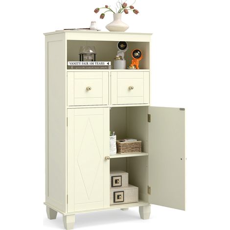 COSTWAY Freestanding Bathroom Cabinet 108cm 2 Drawers 2 Doors Adjustable White (1/5)