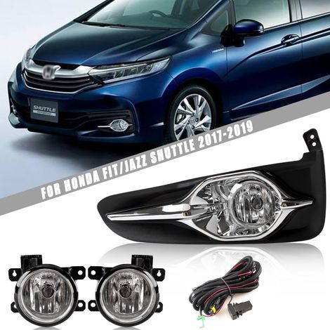 Kit feux antibrouillard avant halogène Honda Jazz / Fit Shuttle 2017-2019, paire complète avec cache décoratif chromé, faisceau câblage + interrupteur, ampoule H8 35W, feu brouillard pare-chocs avant (1/5)