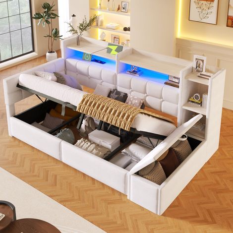 Canapé-lit 1 personne 90x200 cm avec ports USB et Type-C, LED, lit coffre avec hydraulique, banquette de rangement, blanc (1/5)