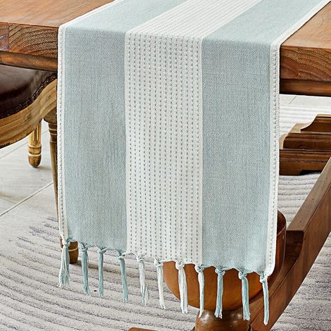 120 cm langer Tischläufer aus Baumwollleinen mit Quasten, handgefertigter Couchtischläufer im Bauernhausstil für Partys und den täglichen Gebrauch (blau, 120 cm)