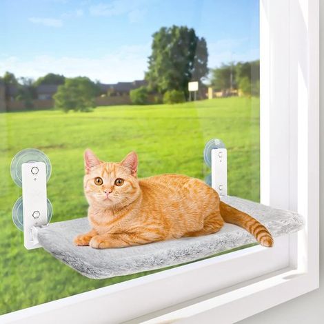 Panier de fenêtre sans fil pour chat - Hamac avec sangles de fixation - Structure métallique robuste et toit double face - Couchage pliable pour chats d'intérieur - Équipé de 4 ventouses - Gris (1/5)