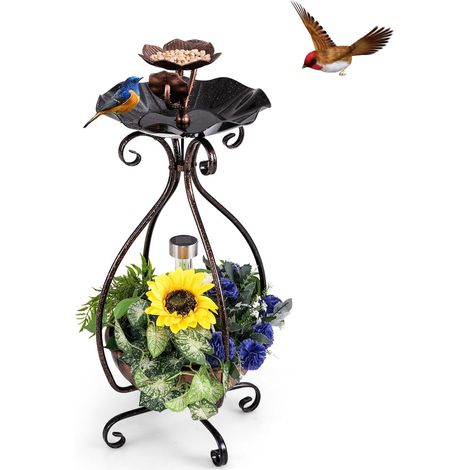 GOPLUS Mangeoire Oiseaux Exterieur Hauteur 79 CM, Abreuvoir d’Oiseaux sur Pied avec Jardinière, Lumière LED Solaire, Cadre en Métal, Meuble Décoratif en Forme Lotus pour Jardin, Terrasse (Laiton) (1/5)