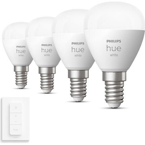 Philips Hue Kit d'extension E14 avec 4 Ampoules Sphérique Lumière blanche chaude - Comprend 1 Variateur de lumière - White