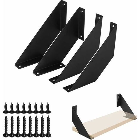 Support Etagere Metal Noir 10cm 4 pièces, Equerre Etagere Murale Équerres Étagère Robuste, Support d'étagère à 90 degrés Support Mural