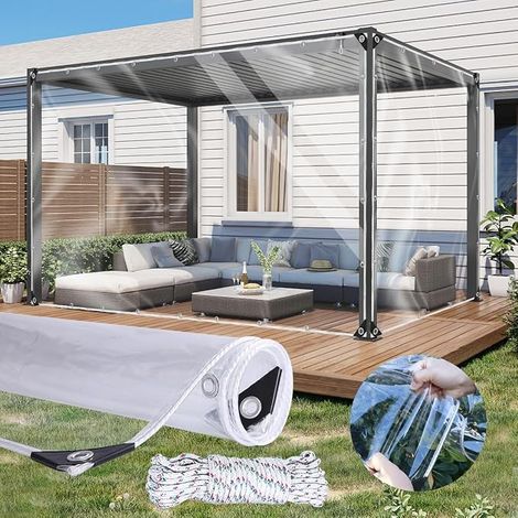 Transparent Outdoor Tarpaulin 1 x 2 m EVA Waterproof 0.2 mm Transparency 99% Anti-Tear Cold Resistant Aluminium Eyelets for Terrace Conservatory Pergola Garden Greenhouse (1/5)