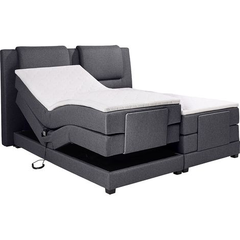 Vente-Unique – Lit boxspring 2 x 80 x 200 cm – Sommier électrique avec matelas et surmatelas – Tissu polyester gris anthracite – 500 ressorts ensachés