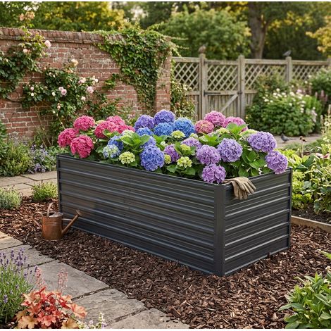 Metall-Hochbeet 190x90x64 cm schwarz aus Stahl mit offenem Boden und verstärkter Konstruktion (1/4)