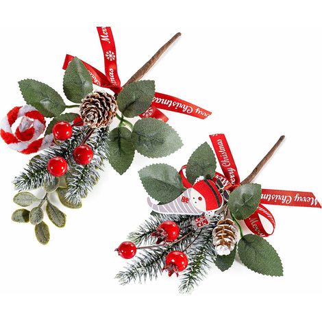 Mazzolini pick natalizi con bacche rosse, decoro in legno e fiocco in raso, set da 20 pezzi, cm 10 H (con gambo 16)