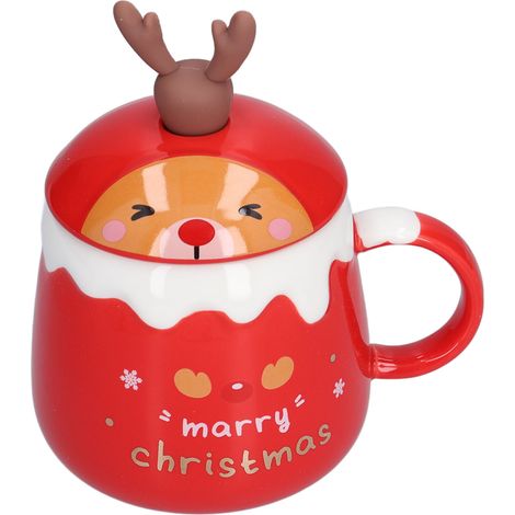 Mug de Noël 450ml avec Cuillère et Couvercle, Tasse Céramique Élégante pour Café ou Thé, Bureau et Maison, Modèle Rouge