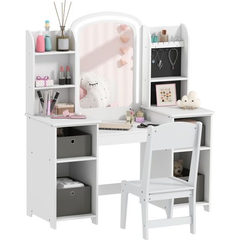 Kinderschminktisch mit Hocker und LED-Spiegel, Schminktisch für Kinder von 3 bis 8 Jahren, 104 x 40 x 112 cm, weiß