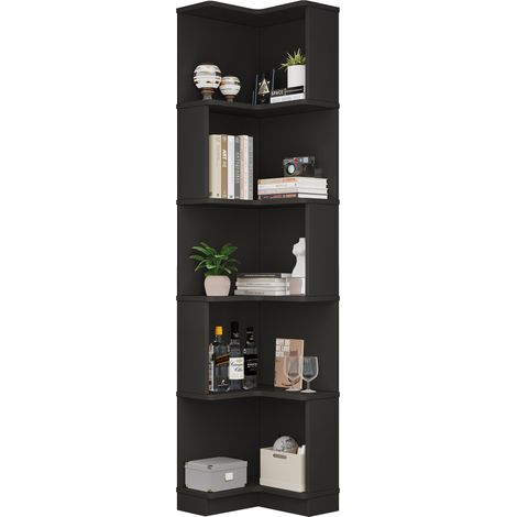 Estantería Esquinera en Forma de L con 5 Nichos y LED con Control por Aplicación, MDF, Negro, 63.5×45×175 cm (1/5)