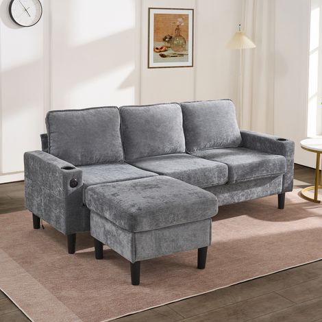 Canapé 3 places en lin gris avec USB/TypeC ainsi que double portegobelets convertible en forme L pour salon et appartement. (1/5)
