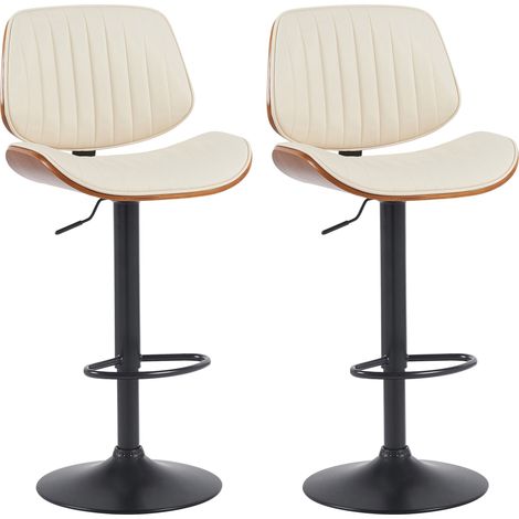 Lot de 2 tabourets de bar style rétro moderne assise en PVC crème bois noyer et cadre métal noir 100006687 (1/5)