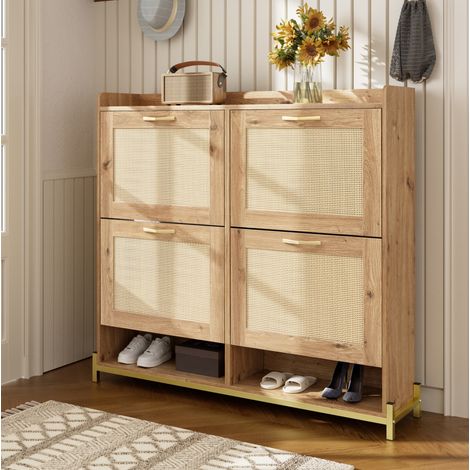 Schuhschrank aus MDF in Holzoptik mit Rattan-Optik, 108,5 x 24 x 100 cm, platzsparend mit oberer Ablage (1/5)
