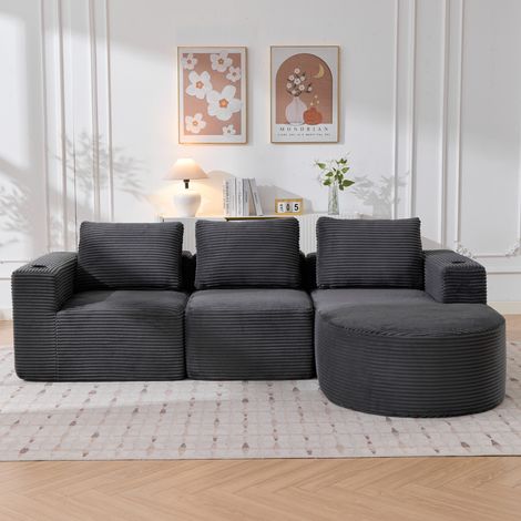 Divano angolare 3 posti 258 cm in poliestere grigio scuro con 3 cuscini e 2 portabicchieri REDOM (1/5)
