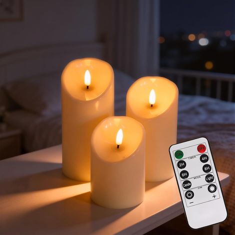 Bougies LED extérieures étanches avec télécommande & minuterie - scintillantes, fonctionnant sur piles, set de 3 (diamètre 7,5 cm, hauteurs : 10/12/15 cm) pour jardin, patio, décoration de mariage & d (1/5)
