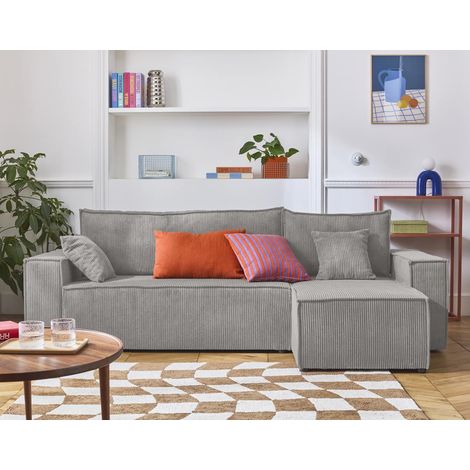 Bestmobilier – Canapé d'angle réversible 4 places convertible – Coffre de rangement – Velours côtelé gris clair – Dimensions L244xH83xP145 cm