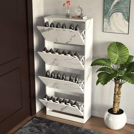 Scarpiera 4 Ante Ripiani Doppia Profondità Portascarpe Bianco Marmo 63x24x150 cm (1/5)