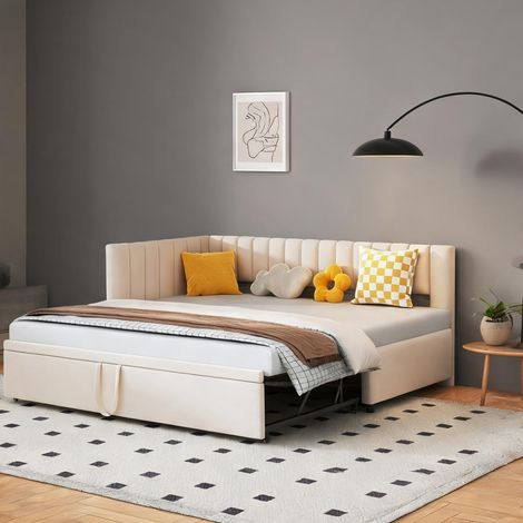 Cadre de lit beige en upholstered 208 x 97,5 x 75 cm (1/5)