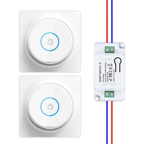 Va et Vient Sans Fil, Interrupteur Sans Fil Sans Pile, RF433 Kit Interrupteur Connecté à rebond Télécommande Émetteur-Récepteur 240V 10A (2 Interrupteurs 1 Récepteur) (1/5)