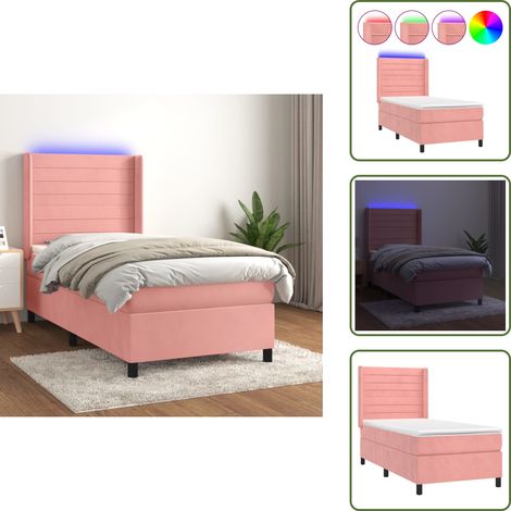 The Living Store Letto a Molle con Materasso e LED Rosa 100x200 cm in Velluto - Materasso a molle
