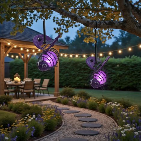 2 Lampes Solaires Abeille Suspendues, Éclairage LED Extérieur Étanche pour Jardin, Terrasse, Balcon et Arbre——Violet (1/5)