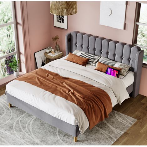 Bett 180x200 cm modern gepolstert in Grau, Leinenstoff, Paneel-Kopfteil mit USB und Typ-C, Lattenrost inklusive
