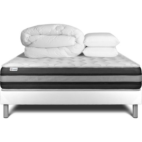 Komplettpaket Bett - Matratze 140x200 cm + Boxspringbett mit Lattenrost (im Set) + 2 Kopfkissen + Bettdecke - Vitalspring Zen