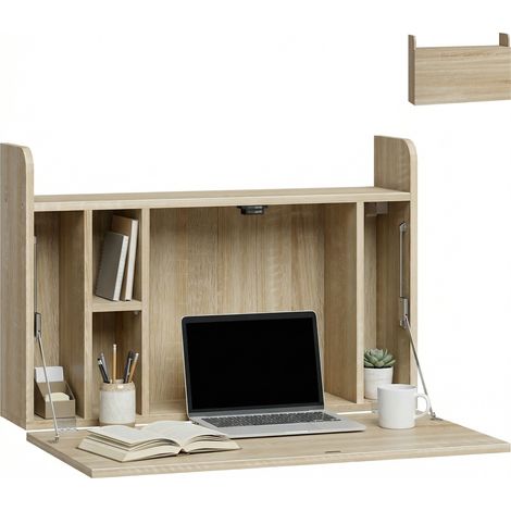 HOMCOM Wall Mounted Table w/ Space Saving Storage Compartments, Oak (1/5)