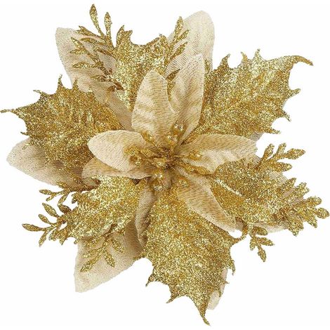 Bouquet De Fleurs Artificielles - 16 Pièces - 15 Cm - Or Rouge Vin Bleu Clair Argent - Décoration Arbre Noël Intérieur