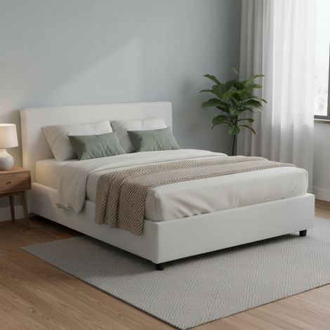 Dmora - Cama matrimonial Dancor, Cama contenedor con tapizado en ecopiel, 100% Made in Italy, Apertura frontal, con colchón Cm 160x200 incluido, Blanco (1/5)