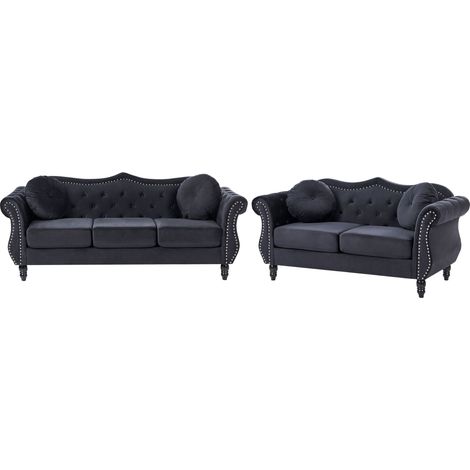 Retro Living Room Velvet Sofa Set 3 and 2 Seater Button Tufted Black SKIEN