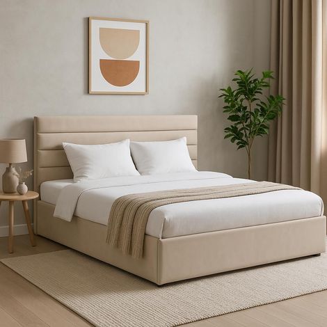 Sofello Polsterbett nach Maß 200x200 Metall-Lattenrost Beige Velour Samtstoff Velvett mit Bettkasten und Stauraum (1/5)