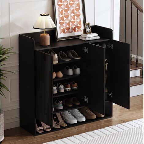 Meuble à chaussures 110x35.5x110 cm noir en MDF et panneaux de particules avec miroir et étagères réglables (1/5)