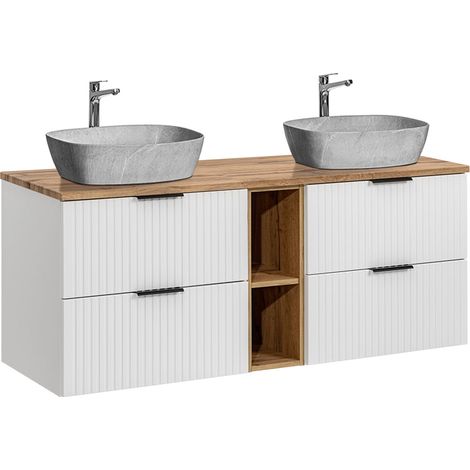Mueble doble lavabo efecto piedra 140 cm 2 nichos Adriel blanco (1/4)