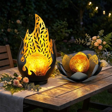 Lampe solaire flamme design extérieur fleur solaire extérieur fleur de lotus verre craquelé solaire, gris, ampoules LED, 1x fleur de lotus 1x design flamme, lot de 2