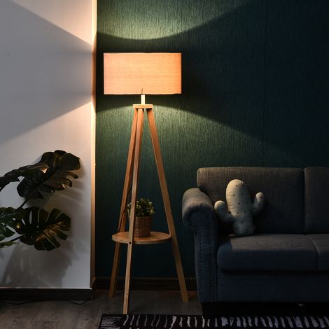 Lámpara de Pie Tipo Trípode con Estructura de Madera Natural y Pantalla de Tela Beige con Estante Integrado 50x50x154 cm (1/5)