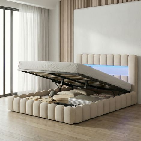 Fortuna Lai – Lit coffre 180x200 cm tissu beige – Tête de lit cannelée avec LED – Sommier relevable par vérins hydrauliques – Rangement optimisé