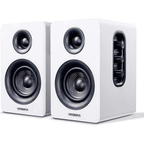 Enceintes Bibliothèque Actives Bluetooth 5.0 3“, DAC 24 Bits  60W Fibre de Carbone, Entrées USB et AUX 3,5 mm, Son Surround 3D Dynamique, 2.0 PC Moniteur Gaming (Paire, Blanc) (1/5)