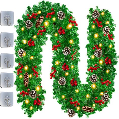 QAZQA Guirlande Noel, Guirlande Sapin Artificiel de 270 cm, Guirlande Escalier Noel avec Lumières, Pomme de Pin Noël Decoration Noel pour Lntérieur ou Extérieur, Cheminée, Escalier, Portes, Fenêtres (1/5)