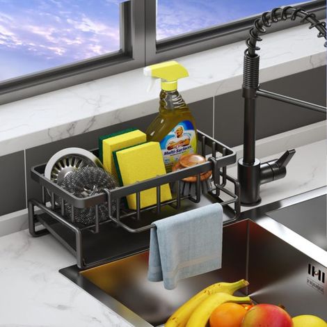 Porta spugna per lavello da cucina, organizer per spugne da cucina in acciaio inox 304 antiruggine con porta strofinaccio rimovibile (1/5)
