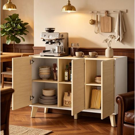 Buffet 120x35x73,5 cm en MDF naturel et blanc, avec rangement gain de place pour salon FloraGrace (1/5)