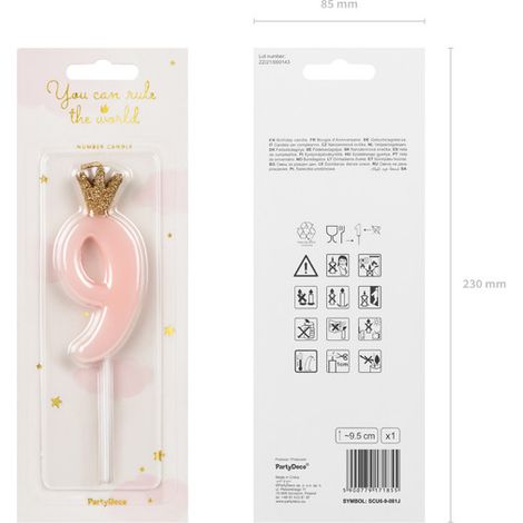 Vela de cumpleaños número 9 con corona, rosa claro (1/2)