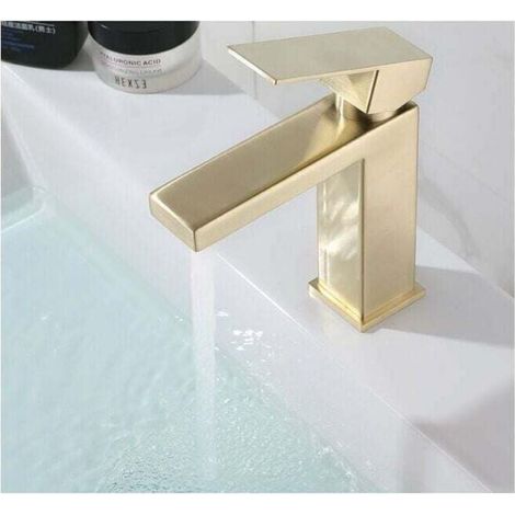 Rubinetto per lavandino in acciaio inossidabile, miscelatore doppio per acqua calda e fredda, finitura in ottone spazzolato, rubinetto per lavandino del bagno in oro, miscelatore monocomando quadrato (1/4)