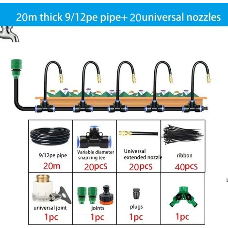Kit d'arrosage automatique universel 5-20 m avec double sortie et buse rotative en cuivre pour jardin et balcon. (1/4)