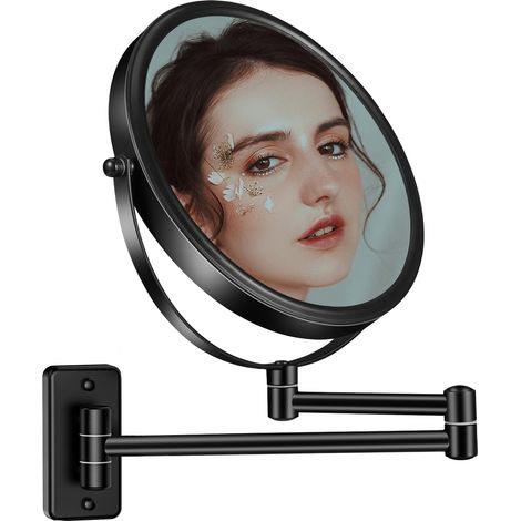 Miroir de maquillage mural grossissant x10 – Miroir mural double face de 20,3 cm avec bras d'extension et pivotant à 360° pour salle de bain et hôtel – Noir (1/5)
