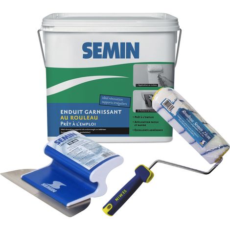 Enduit garnissant Semin pour la rénovation des supports très endommagés - intérieur - seau de 10 kg, Rouleau pour application d'enduit - 23 cm, une lame pour enduire et lisser - 15 cm